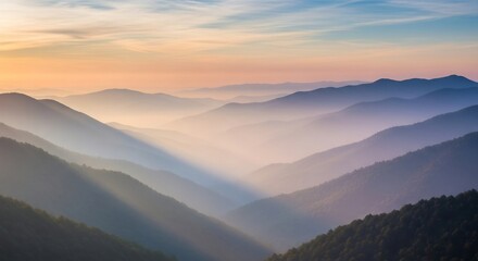 Serene Mountain Range at Dawn - A Breathtaking Vista of Misty Peaks.