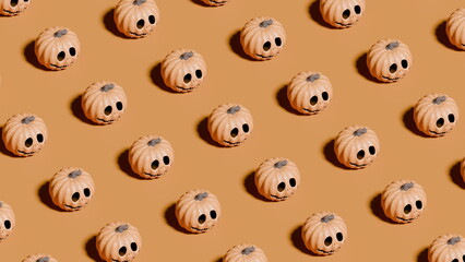 Cute pumpkin decorations with playful faces are arranged in a repeating pattern on a warm orange background, perfect for autumn or Halloween festivities. 3d render