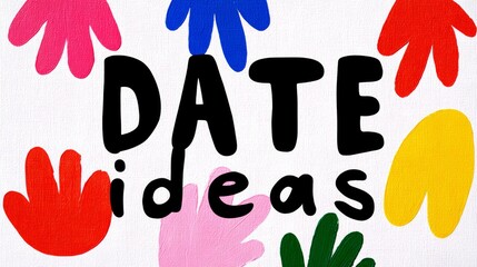 Colorful handprints surround bold text that reads "Date Ideas," creating a playful and inviting atmosphere for couples seeking creative romantic activities and inspiration for memorable moments