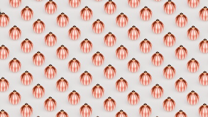 Colorful orange-striped christmas balls are neatly arranged in a repeated pattern on a clean white background, ideal for crafts, fabric, or wallpaper design inspirations. 3d render
