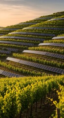 Fototapeta premium Solar panels among agriculture plants on field at golden hour