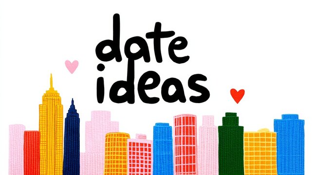 Colorful city skyline illustration featuring playful text "date ideas" with hearts, representing romantic concepts and creative suggestions for couples, perfect for visual storytelling and inspiration