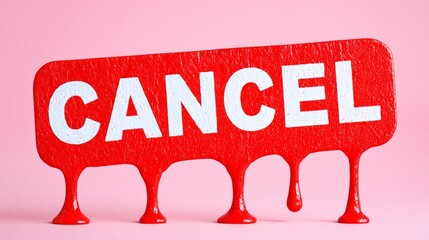 Bold red cancel sign with dripping paint effect against a soft pink background, creating a striking visual contrast that conveys a strong message of rejection or termination
