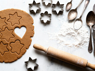Christmas Gingerbread Baking with Star Cutouts and Vintage Spoons on Marble Flat Lay