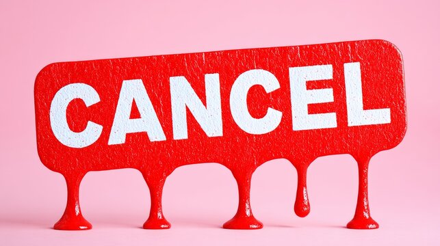 Bold red cancel sign with dripping paint effect against a soft pink background, creating a striking visual contrast that conveys a strong message of rejection or termination