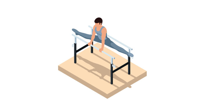 Isometric gymnast performing splits on parallel bars in minimalist style