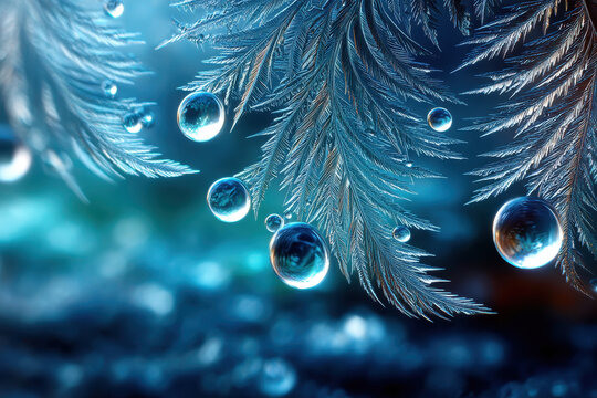 Frozen icy ferns with water droplets in blue - Powered by Adobe