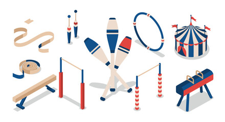 Colorful isometric circus equipment with tent and gymnastics tools