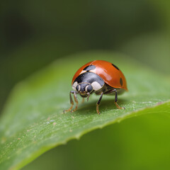 Naklejka premium ladybug on green leaf