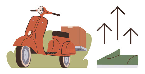 Vintage scooter carrying a box, rising arrows, and a green shoe. Ideal for delivery, progress, logistics, growth, mobility, e-commerce or sustainability in a simple flat metaphor