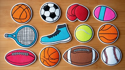 Colorful embroidered patches featuring various sports equipment including basketballs, soccer balls, tennis rackets, and more, arranged on a wooden surface showcasing vibrant designs and textures