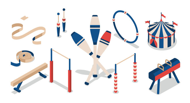 Colorful isometric circus equipment with tent and gymnastics tools