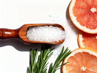 Pink Grapefruit Sea Salt Scrub Ingredients with Rosemary in Wooden Scoop Flat Lay