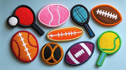 Colorful embroidered patches representing various sports including basketball, tennis, football, and more, arranged artistically on a light background, showcasing vibrant designs and textures
