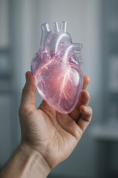 Hand holding glowing heart organ model, healthcare and cardiology concept