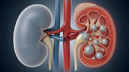 Medical illustration depicting a healthy kidney next to a kidney affected by stones, highlighting anatomy.