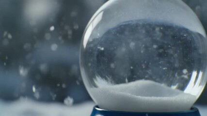 A magical snow globe creates a tiny winter wonderland blizzard scene, with a soft focus snowy day outside