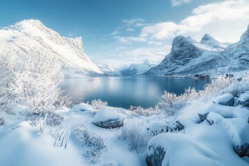 Obraz premium Winter Scandinavian Nordic Landscapes with Snow-Covered Fjords, Mountains, and Lakes