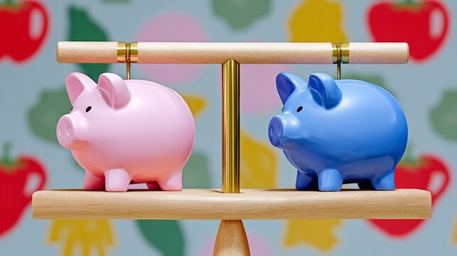 Colorful pink and blue piggy banks balanced on a wooden scale, symbolizing financial choices and savings, against a playful background with abstract shapes and colors - Powered by Adobe