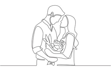 Continuous one line drawing of couple holding bouquet of flowers together, romantic relationship concept, single line art.