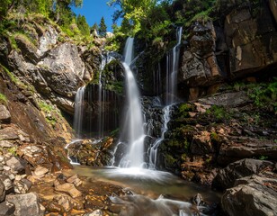 Obraz premium Waterfall cascading between rocky cliffs with verdant foliage and flowing water