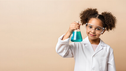 Young girl in a white lab coat and safety goggles holds a flask with blue liquid, showcasing her enthusiasm for chemistry in a classroom setting, inspiring future scientists
