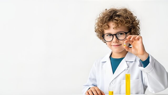 Young boy in a white lab coat holding a test tube, surrounded by colorful glassware, showcasing a chemistry experiment in a bright classroom setting with copy space - Powered by Adobe