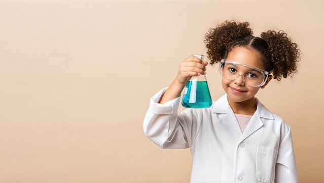 Young girl in a white lab coat and safety goggles holds a flask with blue liquid, showcasing her enthusiasm for chemistry in a classroom setting, inspiring future scientists - Powered by Adobe