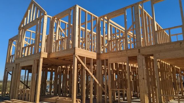 Home Construction in Progress: A detailed view of a residential home's wooden frame stands against a clear, blue sky, symbolizing the beginning of a new structure.