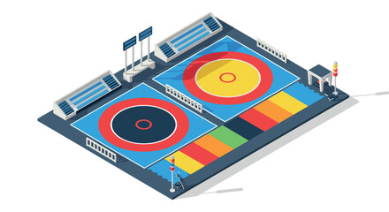 Modern isometric wrestling arena with dual colorful mats and seating