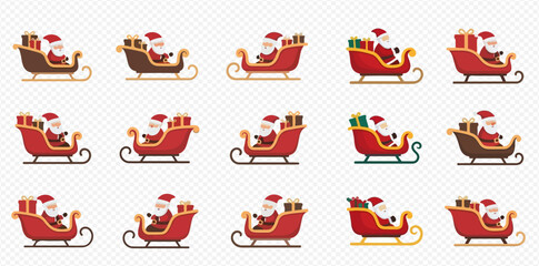 Various flat design illustrations of Santa Claus riding in a sleigh, some carrying Christmas presents, depicted in different colors and styles.