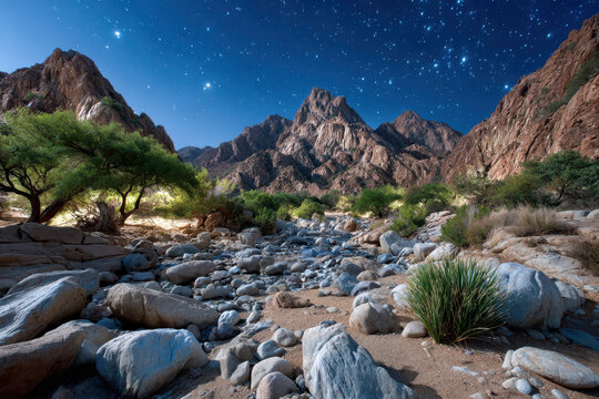 Starry Night Sky over Desert Canyon with Rocky Riverbed