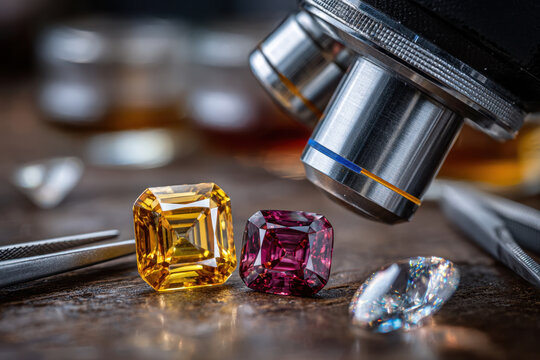 Microscope examining colorful gemstones on wooden table - Powered by Adobe
