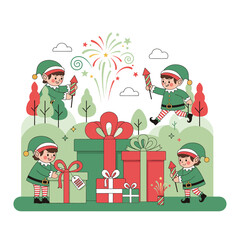 Cute Christmas elves celebrating New Year with fireworks and gifts, a festive winter scene illustration