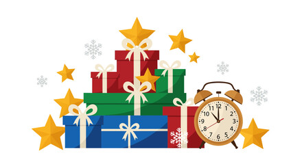 Cute winter gifts stacked high with golden stars and snowflakes, an alarm clock ticking towards joyous Christmas and New Year celebrations, a charming festive illustration