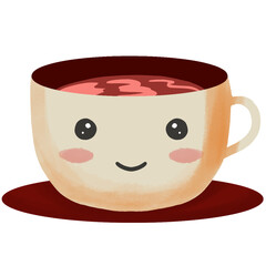 Cartoon cup of tea with a cute face on a saucer.