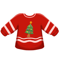 A festive red Christmas sweater with a decorated tree and white stripes, isolated on a white background.
