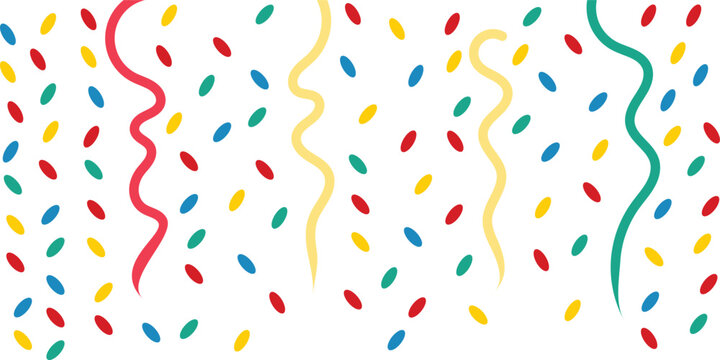 Colorful confetti and wavy streamers background. Festive celebration pattern with multicolor party serpentine. Vibrant decorative vector for events and holiday designs