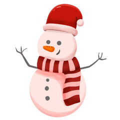 A cheerful cartoon snowman wearing a red Santa hat and a striped scarf, smiling.