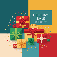 Cute Christmas, New Year, and Winter Holiday Sale with Colorful Gift Boxes and Festive Decorations