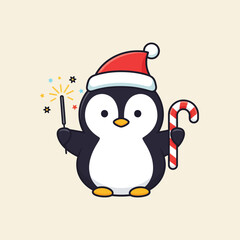 Cute Christmas Penguin with Sparklers and Candy Cane, Celebrating New Year and Winter Holidays