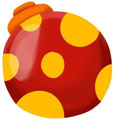 A vibrant, detailed illustration of a red Christmas ornament with yellow polka dots and a golden cap.