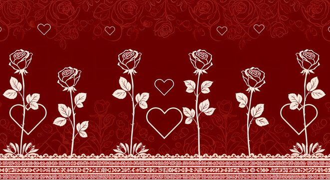 Red background with white roses, hearts, and decorative borders, romantic pattern. - Powered by Adobe