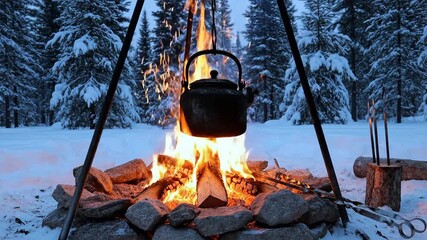 Winter Campfire Scene with Kettle Boiling: Snowy Forest, Cozy Fire, and Nature's Embrace