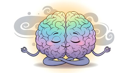 Cartoon Human Brain Character Meditating in a Yoga Pose with Rainbow Colors, Concept of Mental Health and Mindfulness