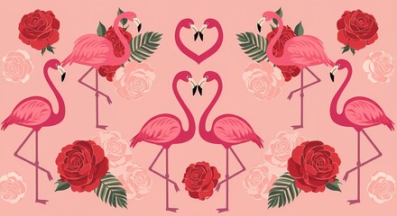 Symmetrical pattern of pink flamingos forming hearts with red roses and green leaves on a light pink background.