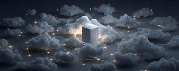 A digital illustration of a centralized data storage unit surrounded by network nodes, symbolizing cloud computing and data management.