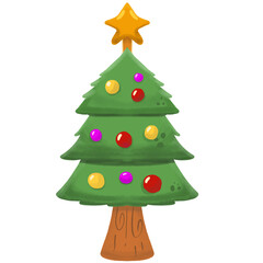 A decorated cartoon Christmas tree with colorful ornaments and a yellow star on top, isolated on a white background.