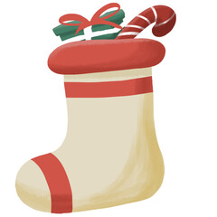 A festive Christmas stocking in cream and red, filled with a green gift box and a red and white candy cane, ready for holiday celebrations.