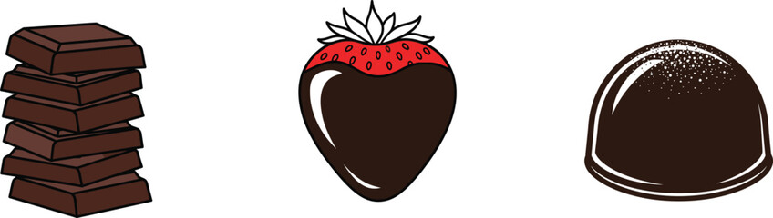 A trio of decadent chocolate treats a tall stack of dark chocolate squares a chocolate dipped strawberry with a red bow and a glossy chocolate egg